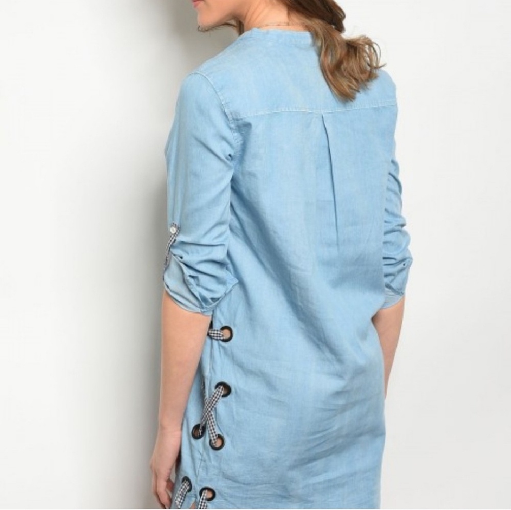 LAST Light Denim Shirt Dress with Gingham Lace - Picture 4 of 7